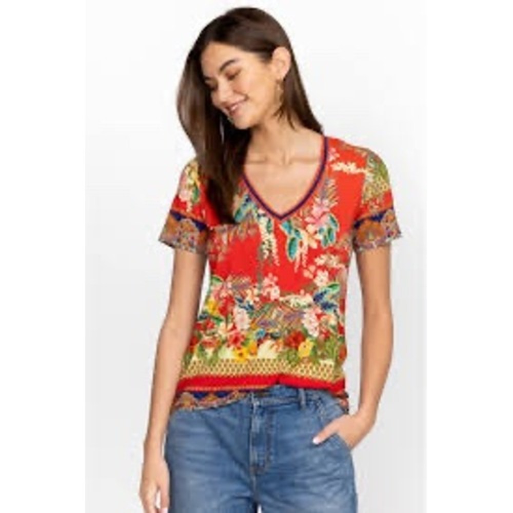 Johnny Was Red Floral Paisley Tropical V-Neck Short Sleeve Tee Top Medium